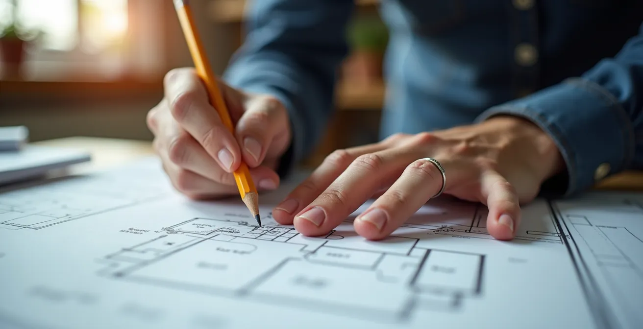 Mains d'architecte travaillant sur plans de maison personnalisée