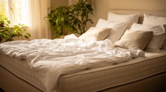 Chambre lumineuse avec lit double aux draps blancs froissés, matelas épais visible, ambiance cocooning
