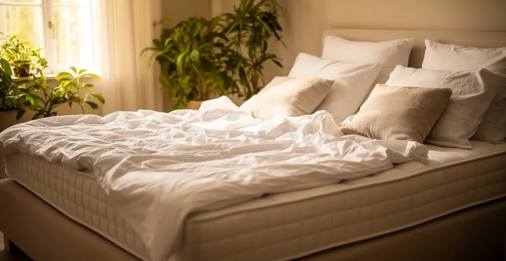Chambre lumineuse avec lit double aux draps blancs froissés, matelas épais visible, ambiance cocooning