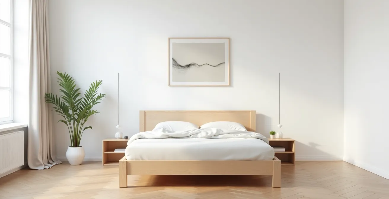 Chambre minimaliste avec lit coffre aux lignes épurées créant une sensation d'espace