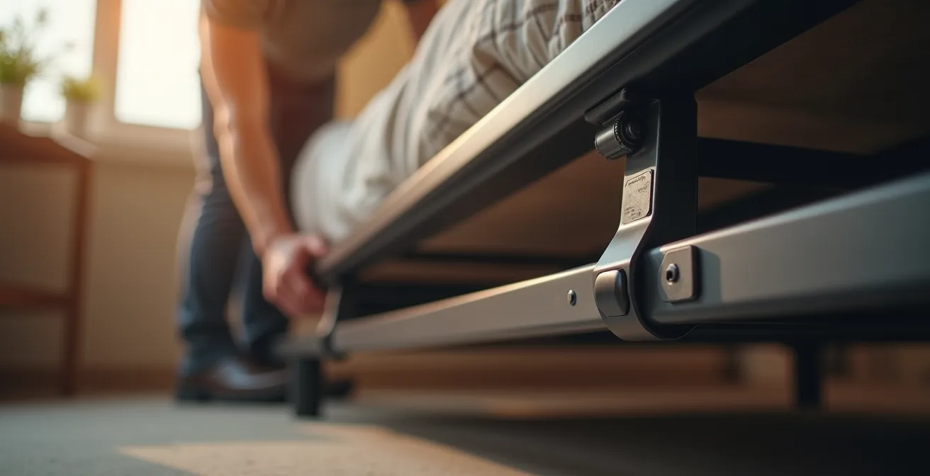 Détail du mécanisme de vérin hydraulique d'un lit coffre en action