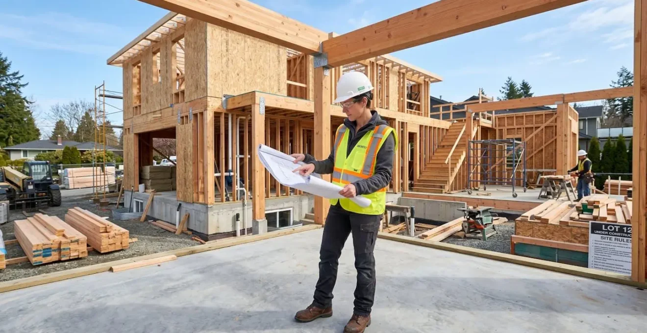 Chantier de construction de maison individuelle avec professionnel en casque de sécurité inspectant les travaux de gros œuvre, plans en main