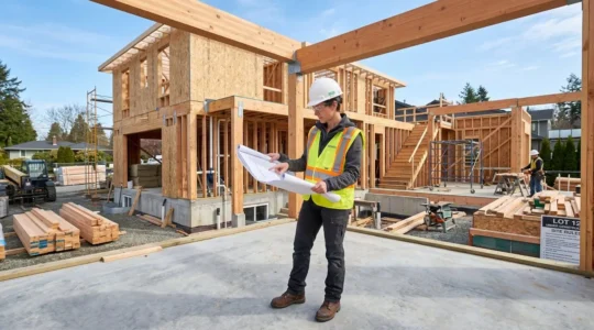 Chantier de construction de maison individuelle avec professionnel en casque de sécurité inspectant les travaux de gros œuvre, plans en main