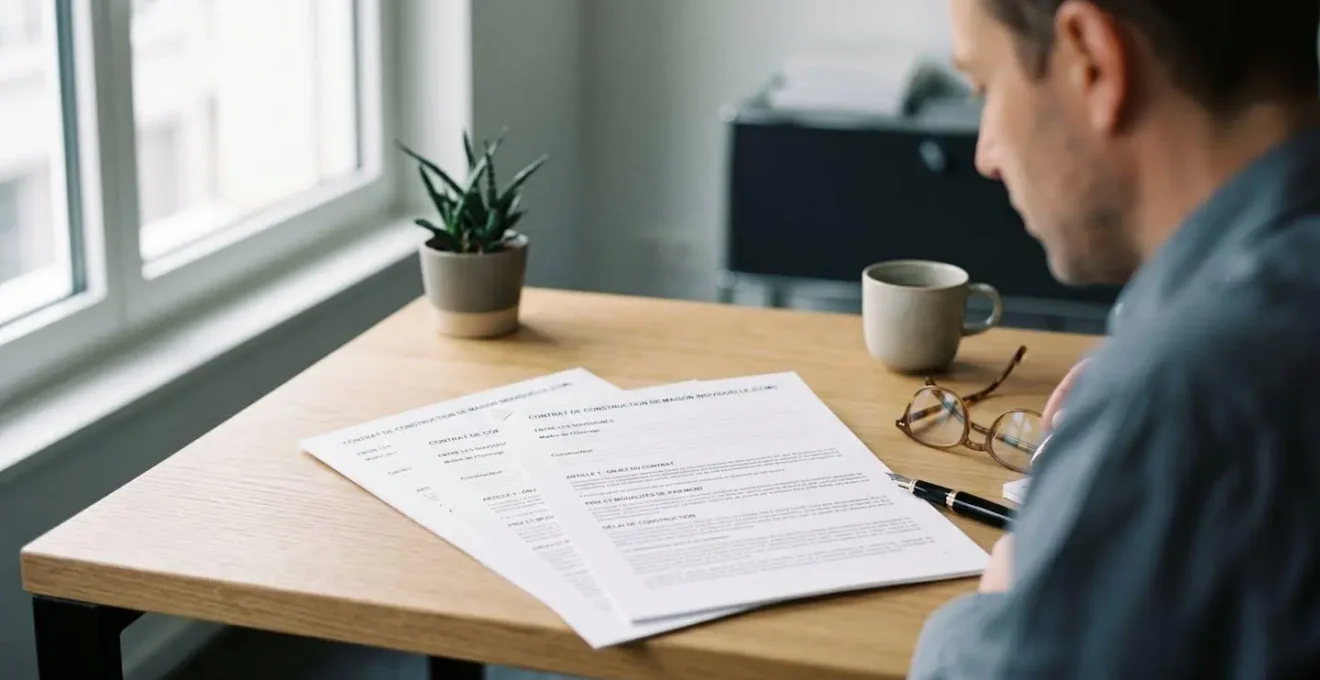 Documents de contrat CCMI étalés sur un bureau avec stylo et lunettes, prêts pour vérification des clauses
