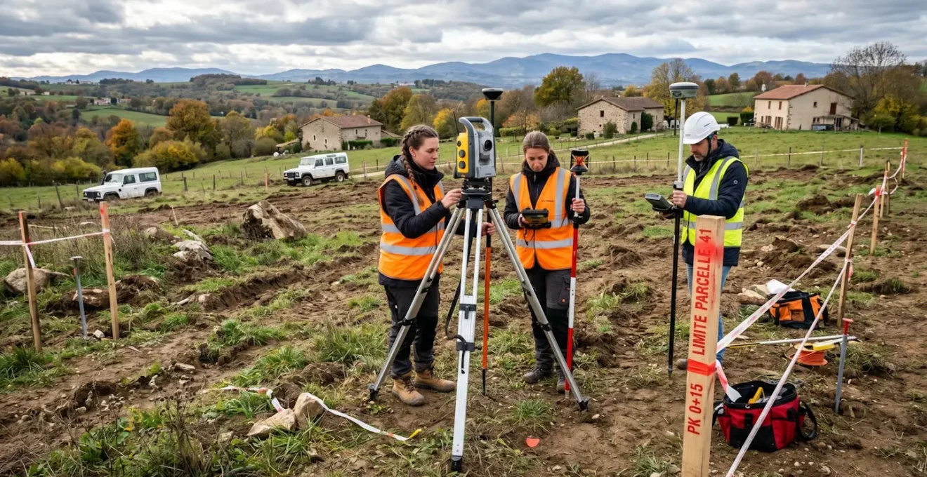 Terrain constructible avec bornes de délimitation et géomètre effectuant les mesures topographiques